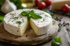 Gourmet brie cheese with fresh basil on rustic table Product Image 1