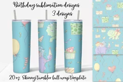 Dino's birthday sublimation design. Skinny tumbler wrap Product Image 1