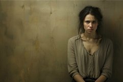 Pensive woman against textured wall Product Image 1