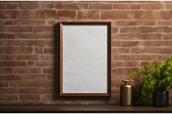 Blank frame on wooden shelf against brick wall Product Image 1