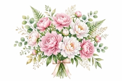 Watercolor soft peony bouquet with green leaves Product Image 1