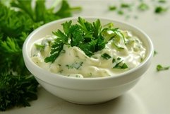 Fresh herb mayonnaise in white bowl Product Image 1