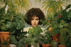 Portrait of a woman amidst a lush indoor garden with potted Product Image 1