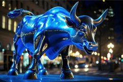 Illuminated blue bull statue at night Product Image 1