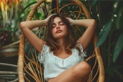 Relaxed young woman in a bohemian rattan chair Product Image 1