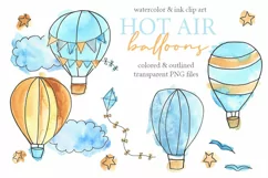 Hot Air Balloons in watercolor & ink Clip Art for baby | Balloons Clipart Product Image 1