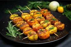 Grilled herb potato skewers on black plate Product Image 1