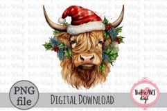 Christmas Highland Cow Sublimation PNG, Watercolor Cow PNG Product Image 1