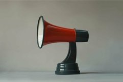Red and black megaphone standing on a table with a gray back Product Image 1