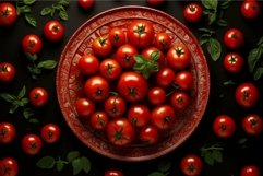 Fresh tomatoes on ornate plate with basil leaves Product Image 1