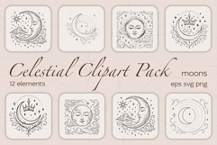 Celestial Boho Clipart - Moons - 12 designs - EPS, SVG, PNG Product Image 1