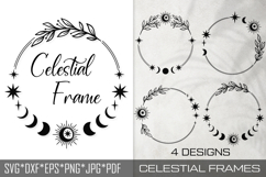 Set of 4 celestial circle frames with moon phases, suns, stars and leaves in line art, witchy svg bundle for astrology planners, tarot borders and mystical crafts