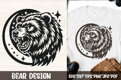 Celestial roaring grizzly bear SVG featuring a fierce bear head profile perfectly framed inside a full circle moon with scattered sparkling stars and cosmic texture, ideal for camping and hiking shirts, tattoos, stickers, posters, mountain lodge decor