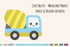 Kawaii cement mixer illustration in pastel yellow and blue, perfect for kids stickers, crafts, and printables.