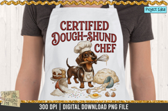 Cute dachshund chef baking design holding a whisk with spilled flour, dough, cake, and kitchen mess, perfect for sublimation crafts.