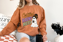 Funny ghost PNG featuring an off-white ghost, coffee cup, orange and purple typography, and spooky celestial accents on a white background.