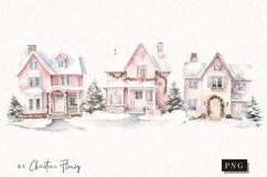 Watercolor Pink Christmas Houses Clipart | Christmas Clipart Product Image 1