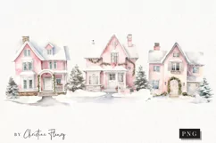 Watercolor Pink Christmas Houses Clipart | Christmas Clipart Product Image 1