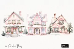 Watercolor Pink Festive Houses Clipart | Christmas Clipart Product Image 1