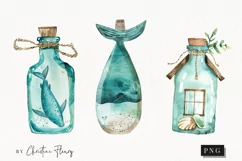 Watercolor Blue Glass Bottles Clipart | Coastal PNG Product Image 1