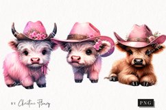 Watercolor Pink Highland Cow PNG | Cowgirl PNG Product Image 1