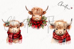 Watercolor Christmas Highland Cows Clipart | Christmas PNG Product Image 3