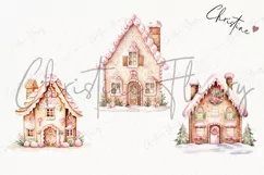 Watercolor Pink Gingerbread Houses Clipart | Christmas PNG Product Image 3