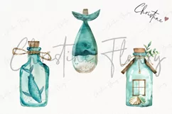 Watercolor Blue Glass Bottles Clipart | Coastal PNG Product Image 3