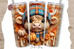 3D Fall Highland Cow Tumbler Wrap PNG | Fall PNG Product Image 1