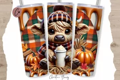 3D Fall Highland Cow Tumbler Wrap PNG | Fall PNG Product Image 1