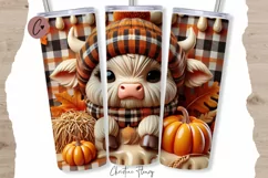 3D Fall Highland Cow Tumbler Wrap PNG | Fall PNG Product Image 1
