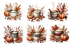 Autumn Coffee Watercolor Clipart Png, Cozy Fall Coffee Png. Product Image 3