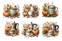 Autumn Coffee Watercolor Clipart Png, Cozy Fall Coffee Png. Product Image 5