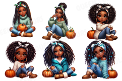 Autumn Black Chibi Girl Png, Cozy Fall Afro Chibi Clipart Product Image 3