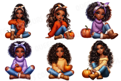 Autumn Black Chibi Girl Png, Cozy Fall Afro Chibi Clipart Product Image 4