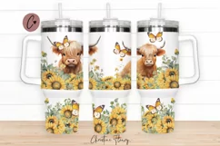 Highland Cow Sunflower 40oz Tumbler Wrap, 40 oz Quencher Product Image 1