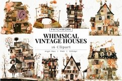 Patchwork Vintage Houses Clipart | Whimsical PNG Product Image 1
