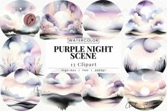 Watercolor Purple Night Scene Clipart | Halloween PNG Product Image 1