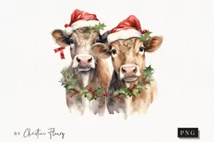 Vintage Festive Cows Clipart | Christmas PNG Product Image 1