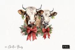 Vintage Festive Cows Clipart | Christmas PNG Product Image 1