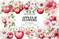 Watercolor Apples &amp; Flowers Clipart | Spring PNG Product Image 1