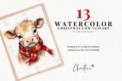 Watercolor Christmas Cow Clipart Product Image 2