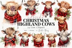 Watercolor Christmas Highland Cow Clipart Product Image 1