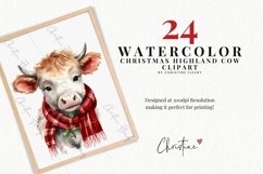 Watercolor Christmas Highland Cow Clipart Product Image 2