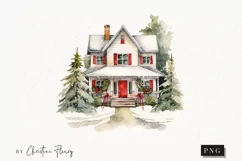 Watercolor Christmas House Clipart | Christmas Clipart Product Image 1