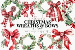 Watercolor Christmas Wreaths &amp; Bows Clipart Product Image 1