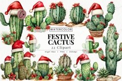 Watercolor Festive Cactus Clipart | Christmas PNG Product Image 1