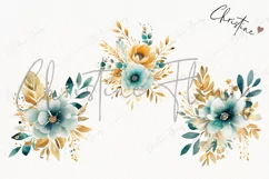 Watercolor Teal & Gold Bouquets Clipart | Watercolor Flower Product Image 3