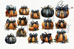 Watercolor Grungy Pumpkins &amp; Bows Clipart | Fall PNG Product Image 4