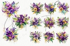 Watercolor Mardi Gras Flower Bouquet Clipart Product Image 5